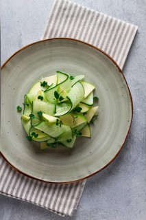 Spring, green salad, cucumber with apple, top view, close-up, no people, microselen radish, healthy