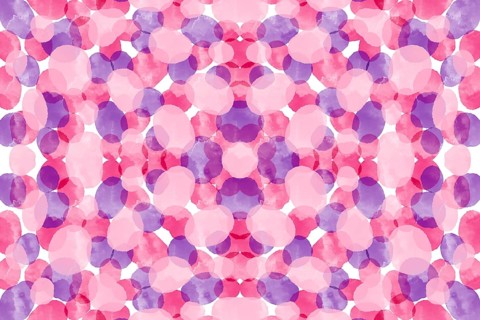 This abstract watercolor pattern features overlapping pink and purple circles, creating a vibrant