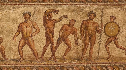 Ancient mosaic with various athletes, Patras Archaeological Museum, Patras, Peloponnese, Greece