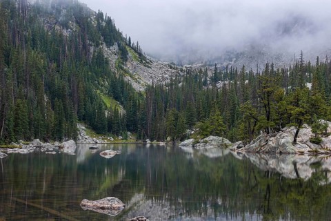 A tranquil and moody image capturing a serene alpine lake reflecting dense, foggy coniferous