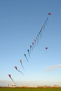 Many colourful wind birds in the blue sky, Drachenwiese, Norddeich, North Sea, Lower Saxony,