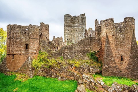 Autumn colors over Goodrich Castle, River Wye, Goodrich, Herefordshire, UK