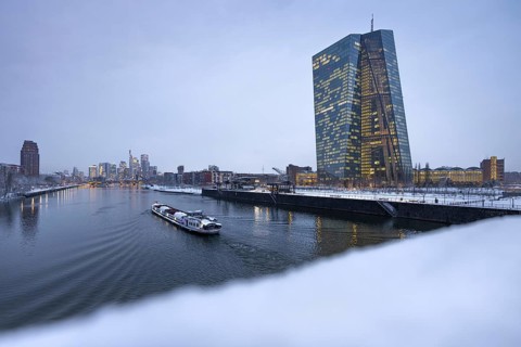 Snow lies along the banks of the Main from the European Central Bank (ECB) to the Frankfurt banking