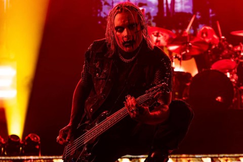 Justin Morrow, bass player of Motionless in White live on The Afraid Of The Dark Tour at Swiss Life