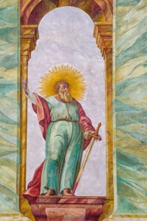 St Paul, Lüftlmalerei on the bell tower of the parish church of St Peter and Paul Mittenwald,
