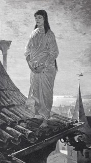 Sleepwalker or nightwalker, woman balancing on a roof, around 1880, Germany, digital reproduction