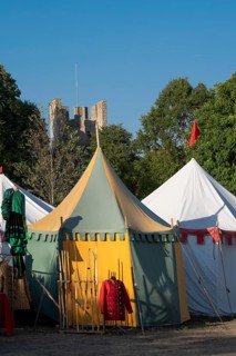 Colourful round tents, medieval market, medieval week, fortified defence tower, former Hanseatic