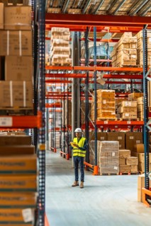 Vertical full length photo of an african man in protective gear working in a warehouse using