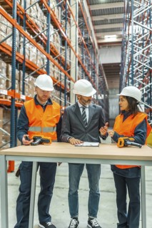 Warehouse workers and manager discussing logistics while using barcode scanners in a large