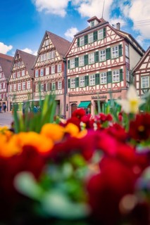 Colourful flowers in the foreground accentuate the traditional beauty of the half-timbered houses,