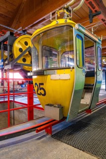 Interior view of a yellow gondola in a cable car station, Hochgrat Mountains, Allgäu Alps,