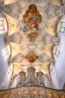 Interior view, gallery, organ, ceiling painting, ceiling fresco, collegiate church Sankt Peter und