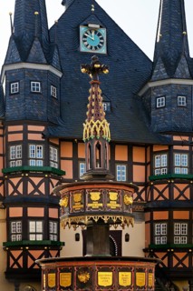 Benefactors' fountain with the town hall, Wernigerode, Harz, Saxony-Anhalt, Germany