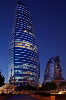 Azerbaijan, Baku, Flame Towers at night, Europe, Asia