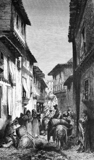 Narrow alley in a Spanish town, living in poverty, female traders, sale, pack animal donkey, many