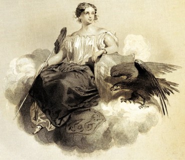 Book symbol, portrait of famous American, young woman sitting on cloud, eagle, coat of arms,