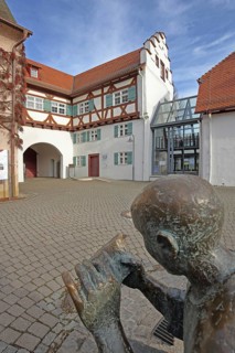 Historical town library with stepped gable and fountain with sculpture newspaper reader, Pfleghof,