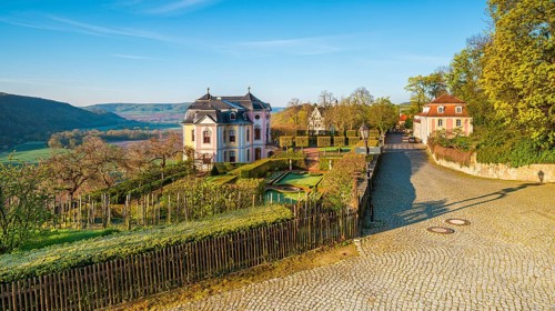 The rococo castle in morning light in spring, Dornburg Palaces and Park in the Saale Valley,