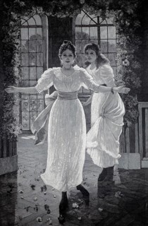 Two woman in Victorian-style clothing standing in a room in front of large windows, 1890,