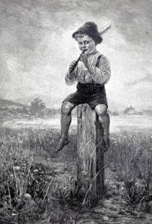 Boy sitting on a pole and practicing the first notes with a flute, 1891, Germany, authentic,