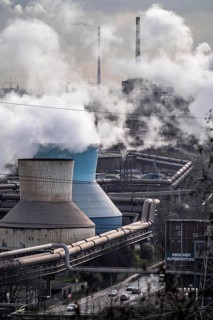 Panorama of the Thyssenkrupp Steel steelworks in Duisburg-Bruckhausen, cooling towers, at the