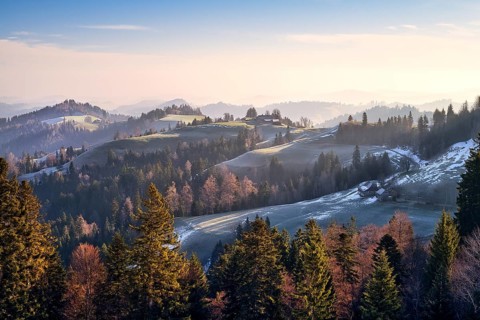 Morning atmosphere over hilly landscape, Ahornalp, Canton of Lucerne, Switzerland