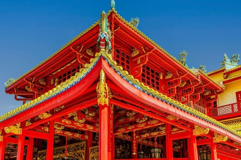 Roof structure with red beams, Wehat-Chamrun Residence, Thai King's Summer Palace, Bang Pa-In, near