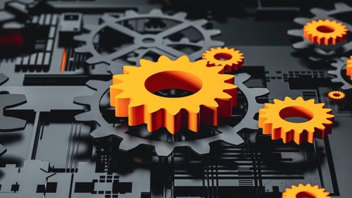 This abstract 3D background features a complex arrangement of gears in black and orange. The