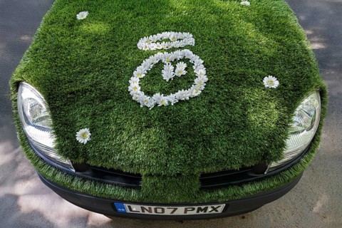 Bonnet of a small car covered with green artificial turf, face with halo of artificial daisies,