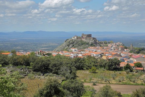 Cityscape with castillo on the mountain, castle, Montánchez, Extremadura, Spain