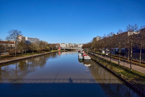 River Saar, general development, trees, car and pedestrian bridge, river bank, footpath and cycle