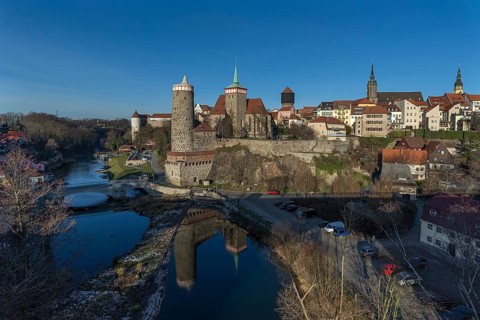 View of the historic city wall with towers of the old town, below the Spree, Bautzen, Upper