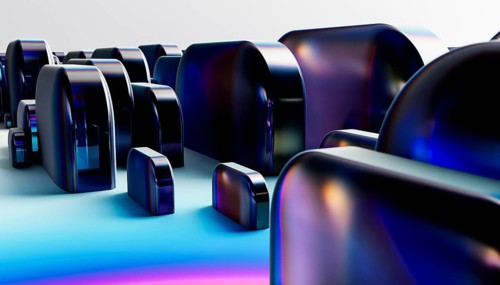 Abstract image featuring glossy, futuristic shapes in varying sizes. The objects reflect light in