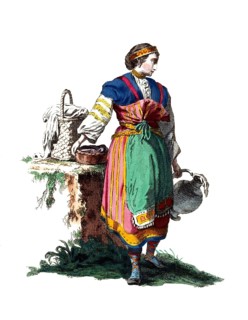 Historical clothing, fashion over time, clothing of a girl in Finland in 1768, digitally restored