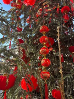 Festive Chinese New Year decorations adorn the streets with red lanterns and colorful ornaments,