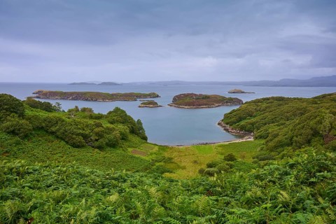 Natural view of islands in a calm ocean with surrounding vegetation, Drumberg Viewpoint, Drumbeg,