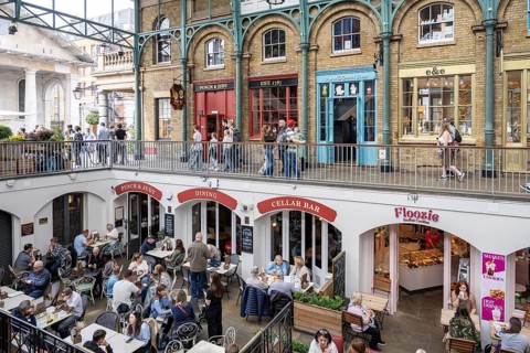 London, United Kingdom. April 9th 2026. Seating and outdoor tables of the Punch and Judy Pub, a