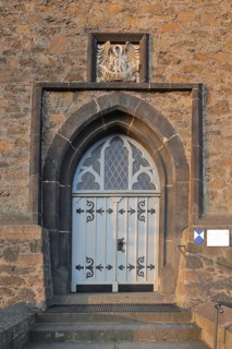 Door with coat of arms of the landmark Wilhelmsturm built in 1895, Schlossberg, Dillenburg, Hesse,