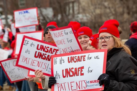 Lapeer, Michigan USA, 10 April 2026, Members of the Michigan Nurses Association rally as their