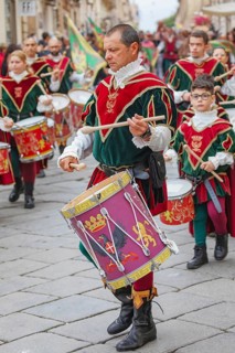 Participants wearing historical costumes on parade, Noto, Noto Valley, Sicily, Italy