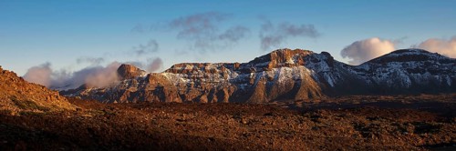 Mirador El Tabonal Negro, Caldera, snow-capped mountains in morning light with clouds in the