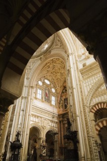 The nave and architectural details on the ceiling of the Cordoba Mosque Cathedral, Cordoba, Spain