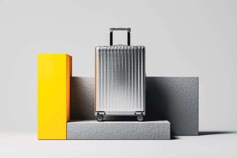Vivid colored suitcase stands prominently on a minimalist display, highlighting sleek design and