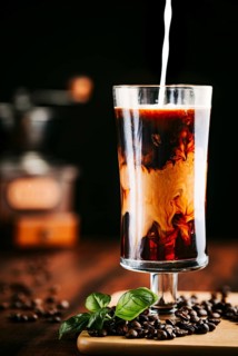 Food photography, coffee with ice cream and milk