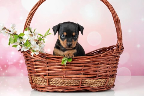 A charming Toy Terrier puppy sits inside a wicker basket adorned with spring blossoms, against a