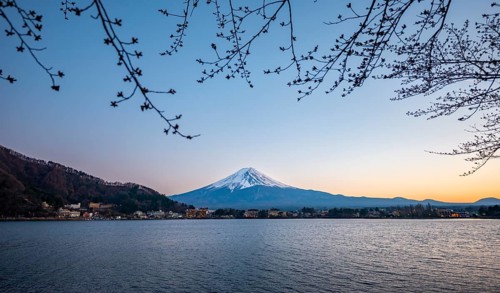 Lake Kawaguchi, view of Mount Fuji volcano at sunset, Yamanashi Prefecture, Japan