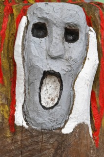 Wood carving, adaptation on The Scream, Edvard Munch, Naturpark Flusslandschaft Peenetal,
