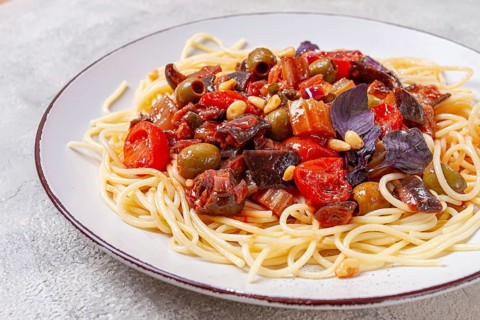 Spaghetti with Sicilian caponata, vegetable stew, Italian cuisine, homemade, no people