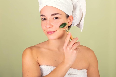 A woman with a towel wrap uses a jade roller for facial massage, promoting skin care and relaxation