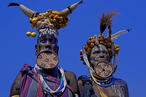 Ethiopia, woman, two woman, Mursi, lip plate, jewelry scars